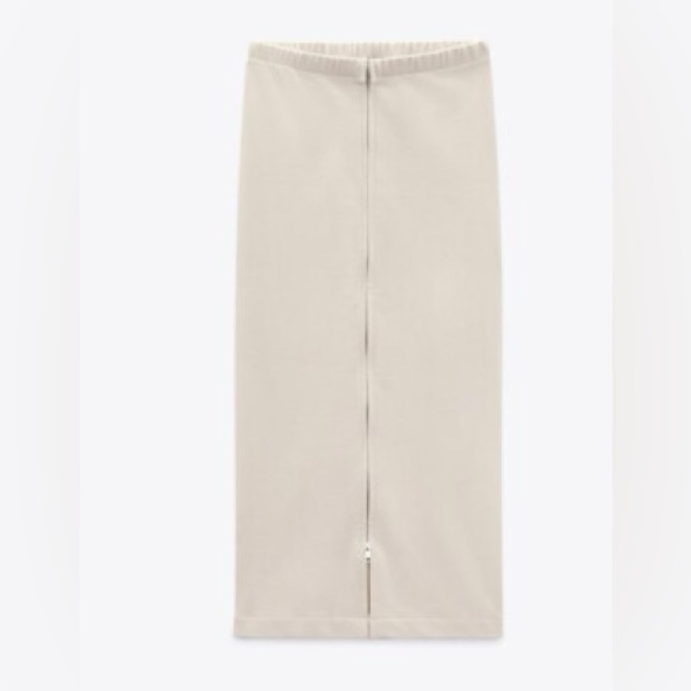Zara Zippered Midi Cream Pencil Skirt, Size S, 100% Cotton, Like New!